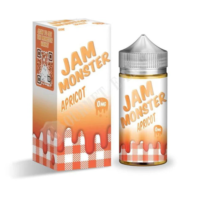 100ml shortfill bottle of Jam Monster E-Liquid in Apricot flavor, crafted with a 75VG/25PG blend for bold flavor and thick clouds, TPD-compliant and nicotine-free with space for nic shots.