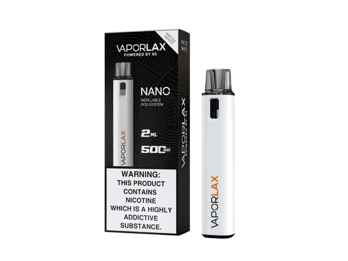 Vaporlax Nano Pod Kit in Arctic White – compact and stylish vape device with a sleek metallic finish and modern design.