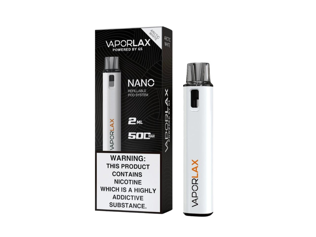 Vaporlax Nano Pod Kit in Arctic White – compact and stylish vape device with a sleek metallic finish and modern design.