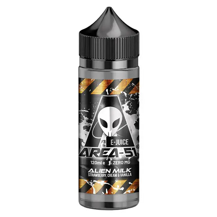100ml shortfill bottle of Area 51 E-Liquid in Alien Milk flavor, nicotine-free with space to add nic shots, crafted for sub-ohm vaping with rich flavor and dense clouds.