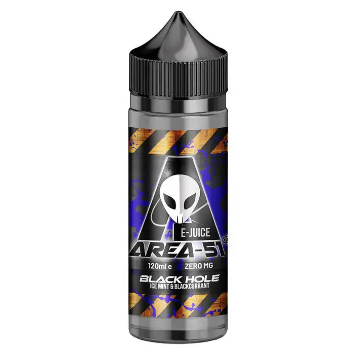 100ml shortfill bottle of Area 51 E-Liquid in Black Hole flavor, nicotine-free with space to add nic shots, crafted for sub-ohm vaping with rich flavor and dense clouds.
