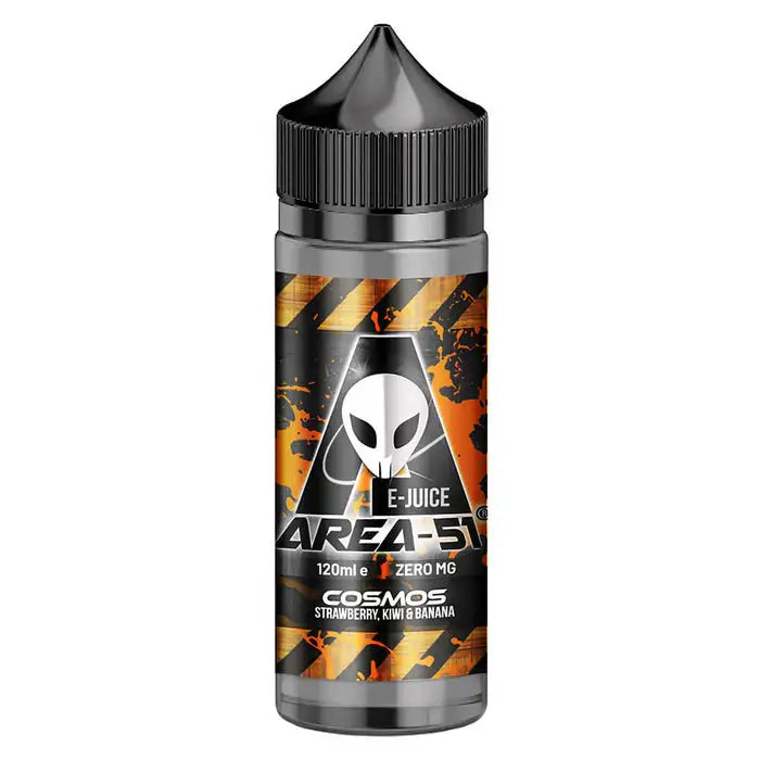 100ml shortfill bottle of Area 51 E-Liquid in Cosmos flavor, nicotine-free with space to add nic shots, crafted for sub-ohm vaping with rich flavor and dense clouds.