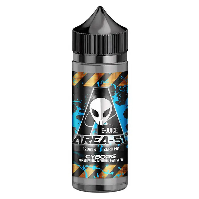 100ml shortfill bottle of Area 51 E-Liquid in Cyborg flavor, nicotine-free with space to add nic shots, crafted for sub-ohm vaping with rich flavor and dense clouds.