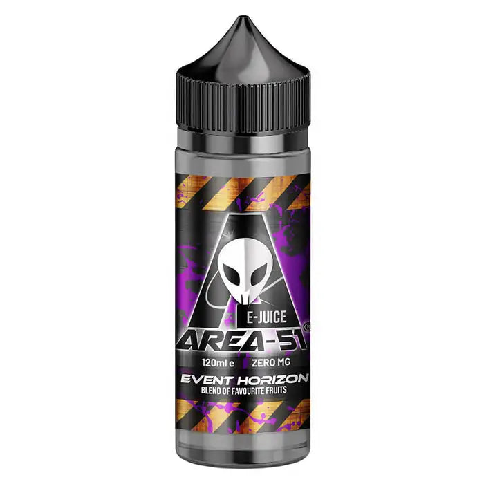 100ml shortfill bottle of Area 51 E-Liquid in Event Horizon flavor, nicotine-free with space to add nic shots, crafted for sub-ohm vaping with rich flavor and dense clouds.
