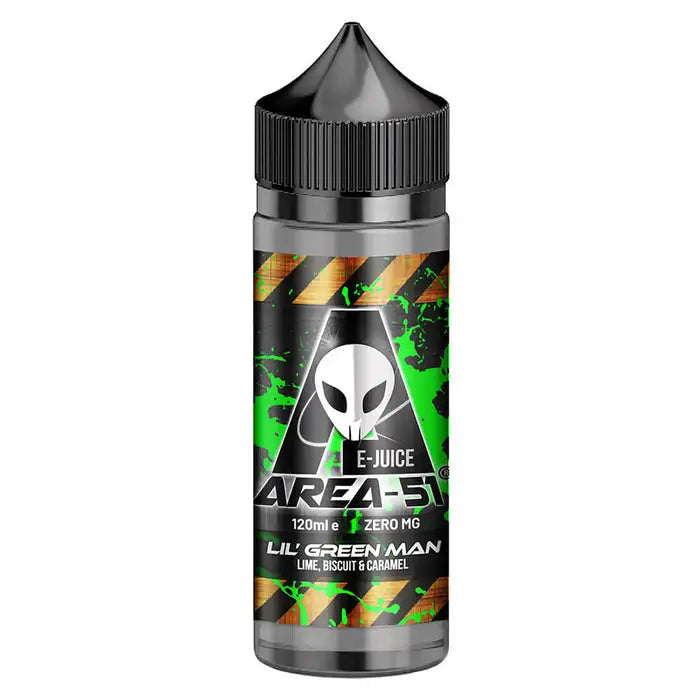 100ml shortfill bottle of Area 51 E-Liquid in Lil' Green Man flavor, nicotine-free with space to add nic shots, crafted for sub-ohm vaping with rich flavor and dense clouds.