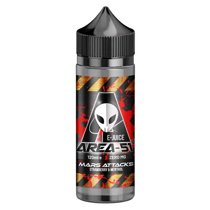 100ml shortfill bottle of Area 51 E-Liquid in Mars Attacks flavor, nicotine-free with space to add nic shots, crafted for sub-ohm vaping with rich flavor and dense clouds.