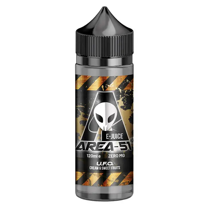 100ml shortfill bottle of Area 51 E-Liquid in U.F.O flavor, nicotine-free with space to add nic shots, crafted for sub-ohm vaping with rich flavor and dense clouds.