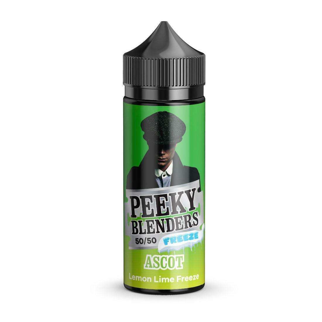 100ml shortfill bottle of Peeky Blenders Vape Juice in Ascot Lemon Lime Freeze flavor, delivering a bold and refreshing taste crafted for smooth, flavorful vaping; nicotine-free with room for nic shots, designed for dense clouds and premium quality.
