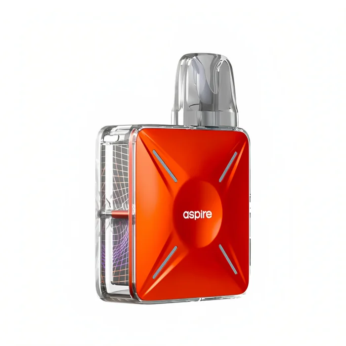 Aspire Cyber X Vape Pod Kit in Coral Orange – futuristic and compact pod system with a side-fire button, adjustable airflow, and mesh coil technology for smooth, flavorful vaping.