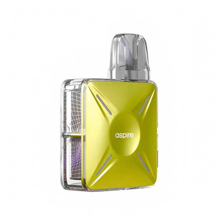Aspire Cyber X Vape Pod Kit in Flax Yellow – futuristic and compact pod system with a side-fire button, adjustable airflow, and mesh coil technology for smooth, flavorful vaping.