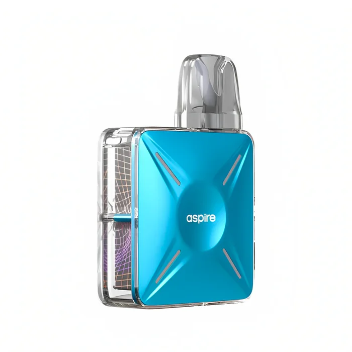Aspire Cyber X Vape Pod Kit in Frost Blue – futuristic and compact pod system with a side-fire button, adjustable airflow, and mesh coil technology for smooth, flavorful vaping.