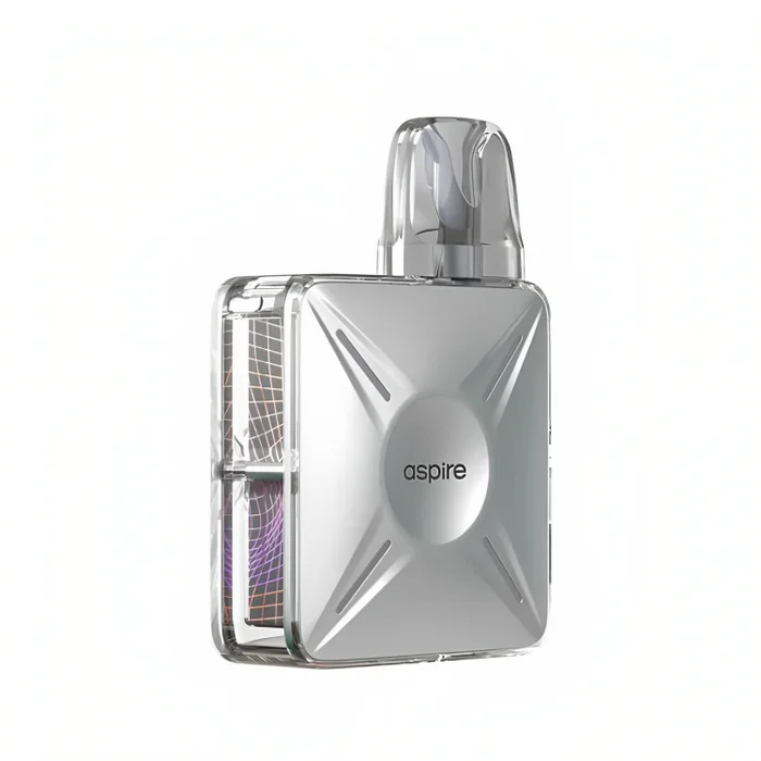 Aspire Cyber X Vape Pod Kit in Pearl Silver – futuristic and compact pod system with a side-fire button, adjustable airflow, and mesh coil technology for smooth, flavorful vaping.