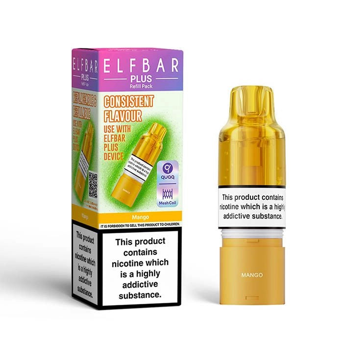 Elf Bar Plus 12 Prefilled Pod & Refill in Mango – rechargeable vape with a 2ml prefilled pod, 8ml refill container, and 0.8Ω QUAQ mesh coil.