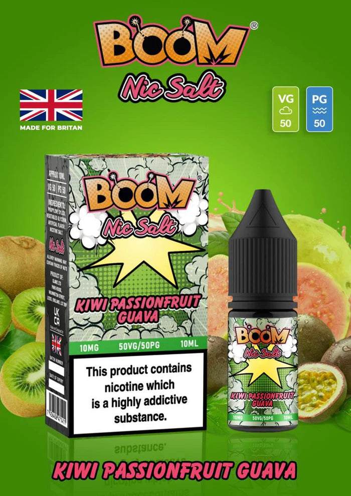 Product image for Kiwi Passion Fruit Guava flavorBoom Nic Salt E Liquid, featuring the brand logo, flavor name, and nicotine strength indications. The background has fruit graphics and text describing the product as a high-grade, premium quality e-liquid.