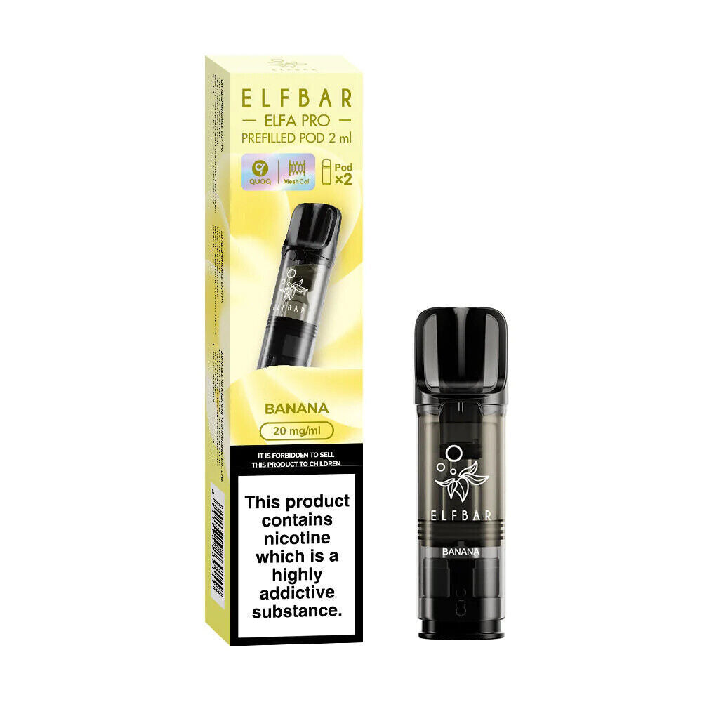 Elf Bar Elfa Pro replaceable prefilled pods in Banana flavor, engineered for consistent vapor production and optimal flavor, compatible with the Elf Bar Elfa Pro device for a satisfying and enjoyable vaping experience.
