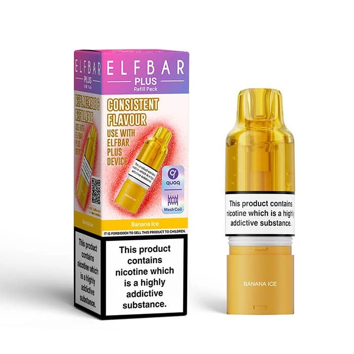 Elf Bar Plus 12 Prefilled Pod & Refill in banana ice – rechargeable vape with a 2ml prefilled pod, 8ml refill container, and 0.8Ω QUAQ mesh coil.