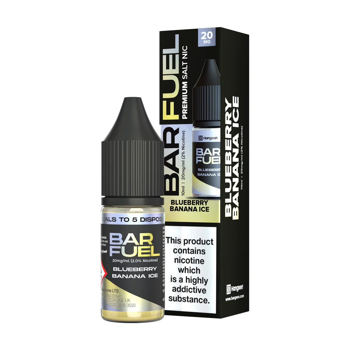Bar Fuel Nic Salt E Liquid 10ml by Hangsen in blueberry-banana-ice flavour, offering a smooth and satisfying vaping experience.