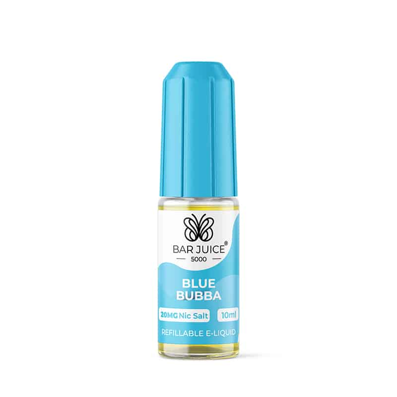 A product image featuring a box and a bottle of Bar Juice 5000 e-liquid, with the specific flavor 'Blue Bubba' highlighted on the bottle. The box displays nicotine strength and flavor information.