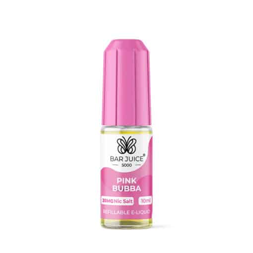 The image shows a product packaging for Bar Juice 5000 Pink Bubba Nic Salt Vape juice. The packaging is predominantly pink with branding and product information.