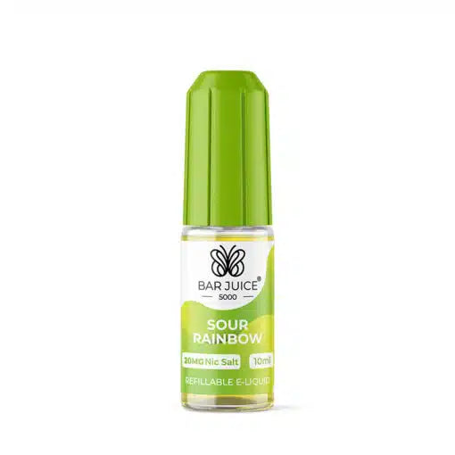 A product image showing a box and a bottle of Bar Juice 5000 Sour Rainbow Nic Salt Vape juice. The box is green and white with text, and the bottle is clear with a green label.