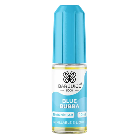A product image featuring a box and a bottle of Bar Juice 5000 e-liquid, with the specific flavor 'Blue Bubba' highlighted on the bottle. The box displays nicotine strength and flavor information.