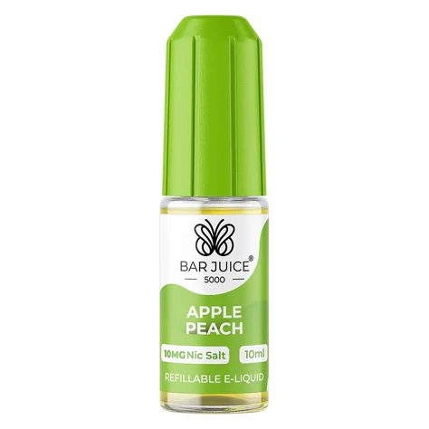 A product image showing a box and a bottle of Bar Juice 5000 Nic Salt Vape juice in Apple Peach flavor. The box is green and white with text, and the bottle is clear with a green label.