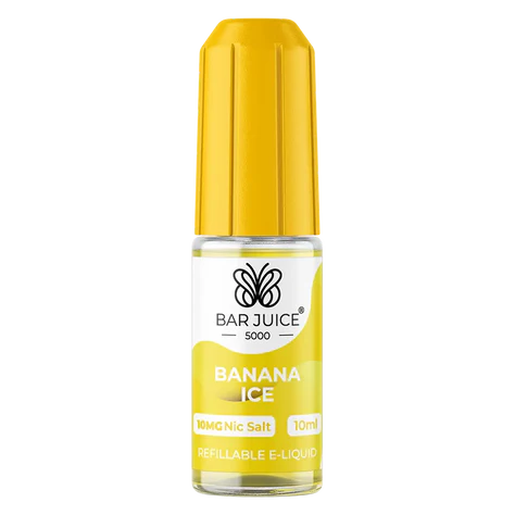A bottle of Bar Juice 5000 e-liquid next to its packaging, which is predominantly yellow with branding and nicotine warning labels.