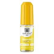 A bottle of Bar Juice 5000 e-liquid next to its packaging, which is predominantly yellow with branding and nicotine warning labels.