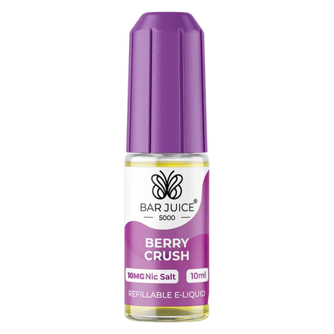 A product image showing a box and a bottle of Bar Juice 5000 Berry Crush Nic Salt Vape juice. The box is white and purple, and the bottle is purple with a label showing the flavor and nicotine strength.