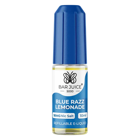 A product image showing a box and a bottle of Bar Juice 5000 Nic Salt E-Liquid, with the flavor Blue Razz Lemonade indicated on the packaging.