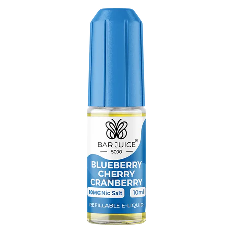 The image shows a bottle of Bar Juice 5000 e-liquid in a blue color with a label that includes the product name, strength (20mg), and flavor (Blueberry). There is also a schematic representation of a bar chart indicating the nicotine strength.