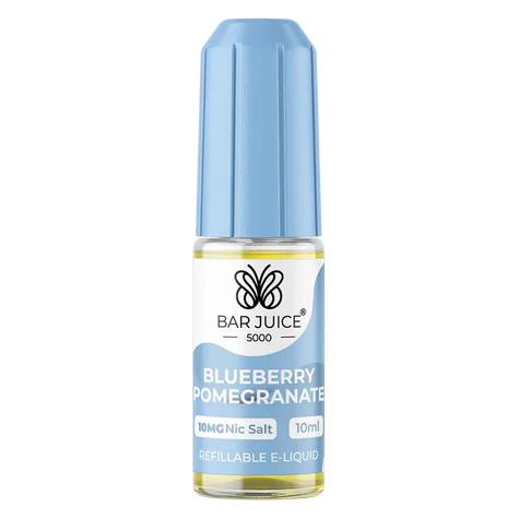 A product image showing a box and a bottle of Bar Juice 5000 Nic Salt vape juice in Blueberry Pomegranate flavor, indicating a nicotine content of 20mg and a VG/PG ratio of 50/50.