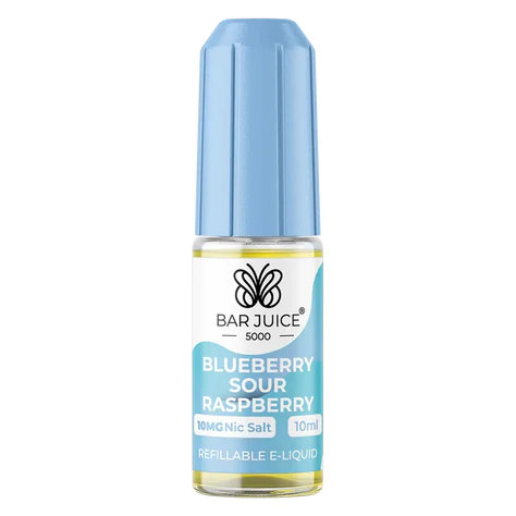 Bar Juice 5000 e-liquid bottle and packaging, with blueberry and sour raspberry flavor indications, and a nicotine strength of 20mg.