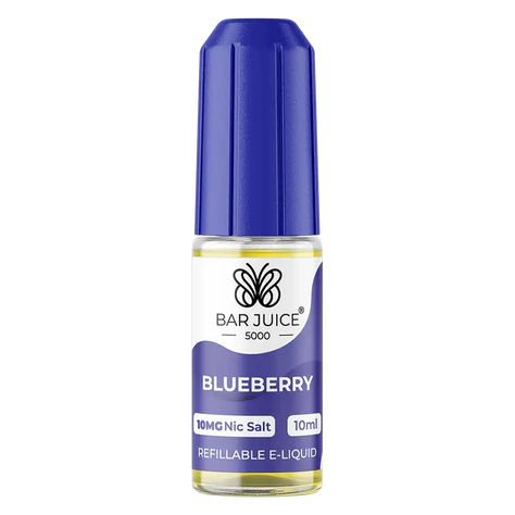 Bar Juice 5000 e-liquid bottle and packaging, with blueberry flavor indication, nicotine warning, and product information.