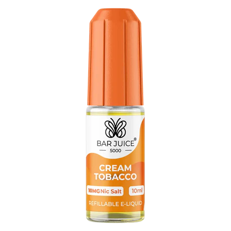 The image shows a product packaging for Bar Juice 5000 Cream Tobacco Nic Salt Vape juice. The packaging is primarily orange with product information and branding visible.