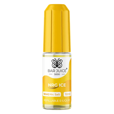 Packaging of Bar Juice 5000 Nic Salt E-Liquid featuring a yellow and white color scheme with a bottle of e-liquid labeled 'Energy Ice'.