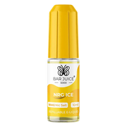Packaging of Bar Juice 5000 Nic Salt E-Liquid featuring a yellow and white color scheme with a bottle of e-liquid labeled 'Energy Ice'.