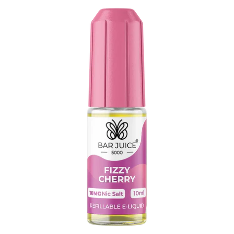 A product image showing a box and a bottle of Bar Juice 5000 Nic Salt Vape juice, with the flavor being Fizzy Cherry. The box is pink and white, and the bottle is clear with a pink label.