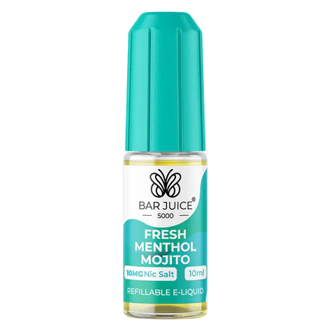 10ml bottle of Bar Juice 5000 Nic Salt E-Liquid in Fresh Menthol Mojito flavor, blending zesty lime, cool mint, and a hint of sweetness for a refreshing vape; smooth nic salt formula ideal for pod systems and MTL vaping.
