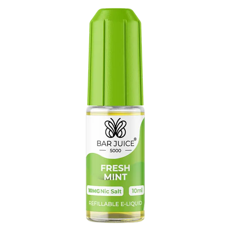 The image shows a bottle of Bar Juice 5000 e-liquid with a green label, next to its packaging box which has branding and nicotine warning labels.