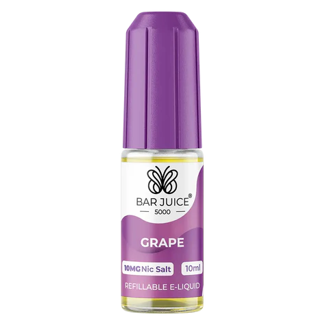 Packaging of Bar Juice 5000 Nic Salt E-Liquid with a purple color theme, featuring a bottle of grape flavored e-liquid and a box with various flavors listed.