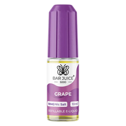 Packaging of Bar Juice 5000 Nic Salt E-Liquid with a purple color theme, featuring a bottle of grape flavored e-liquid and a box with various flavors listed.