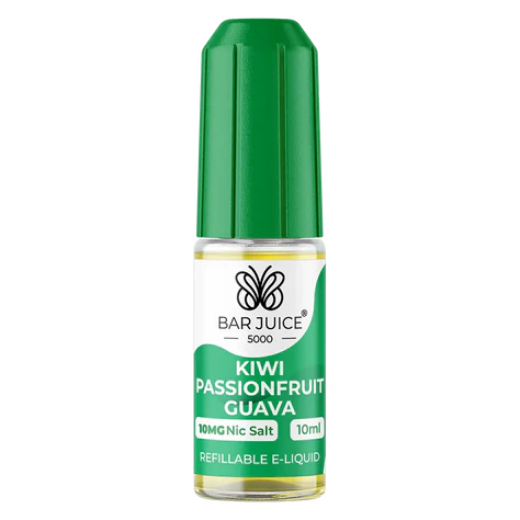 A product image showing a box and a bottle of Bar Juice 5000 Kiwi Passionfruit Guava Nic Salt Vape juice. The box is green with product information, and the bottle is clear with a green liquid inside.