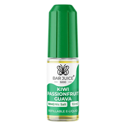 A product image showing a box and a bottle of Bar Juice 5000 Kiwi Passionfruit Guava Nic Salt Vape juice. The box is green with product information, and the bottle is clear with a green liquid inside.