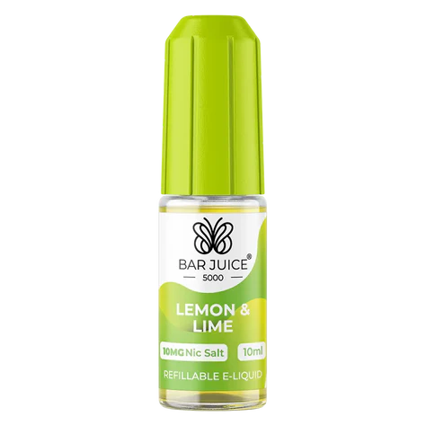 Bar Juice 5000 e-liquid bottle in green, with product packaging that indicates it is a nicotine e-liquid, 10ml size, with a label for 'LEMN & LIME' flavor.