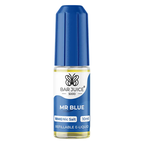 A product image showing a Bar Juice 5000 e-liquid bottle next to its packaging box. The packaging is predominantly blue with graphical elements and text, and the bottle is blue with a white label.