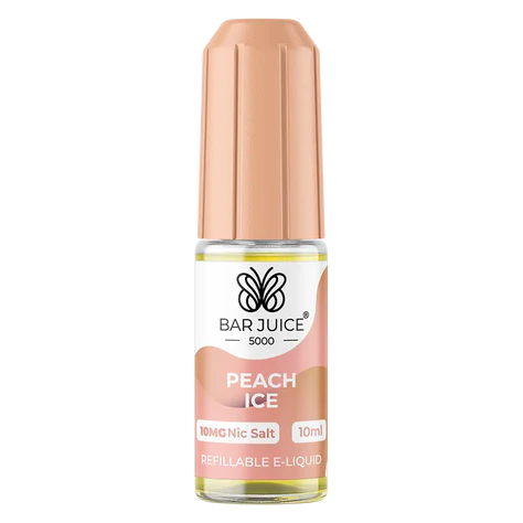 Packaging for Bar Juice 5000 Peach Ice Nic Salt E-Liquid featuring a peach-colored bottle with a white and orange label, and a box with product details.