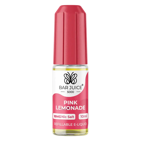A product image showing a pink bottle of Bar Juice 5000 e-liquid with a label indicating the flavor as Pink Lemonade. The packaging is designed for a vaping product and mentions nicotine lemonade as an ingredient.