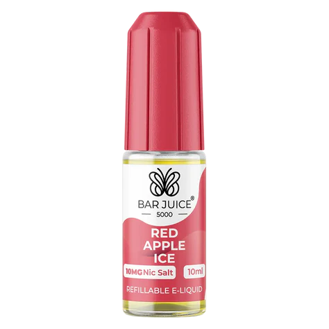 A product image showing a pink bottle of Bar Juice 5000 Red Apple Ice e-liquid next to its packaging box. The packaging indicates the product contains 5000mg of nicotine salt e-liquid and provides a throat hit and vapor clouds.