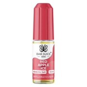 A product image showing a pink bottle of Bar Juice 5000 Red Apple Ice e-liquid next to its packaging box. The packaging indicates the product contains 5000mg of nicotine salt e-liquid and provides a throat hit and vapor clouds.
